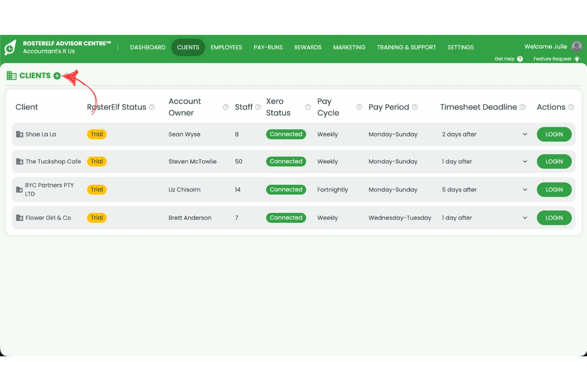 Screenshot of the Clients tab with a red arrow pointing to the plus icon used to add a new client