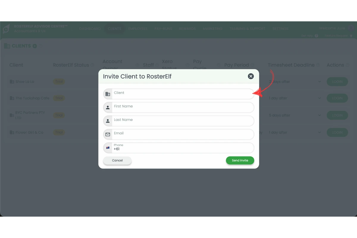 Screenshot of the empty Invite Client to RosterElf form in the Advisor Centre, with a red arrow pointing to the client name field