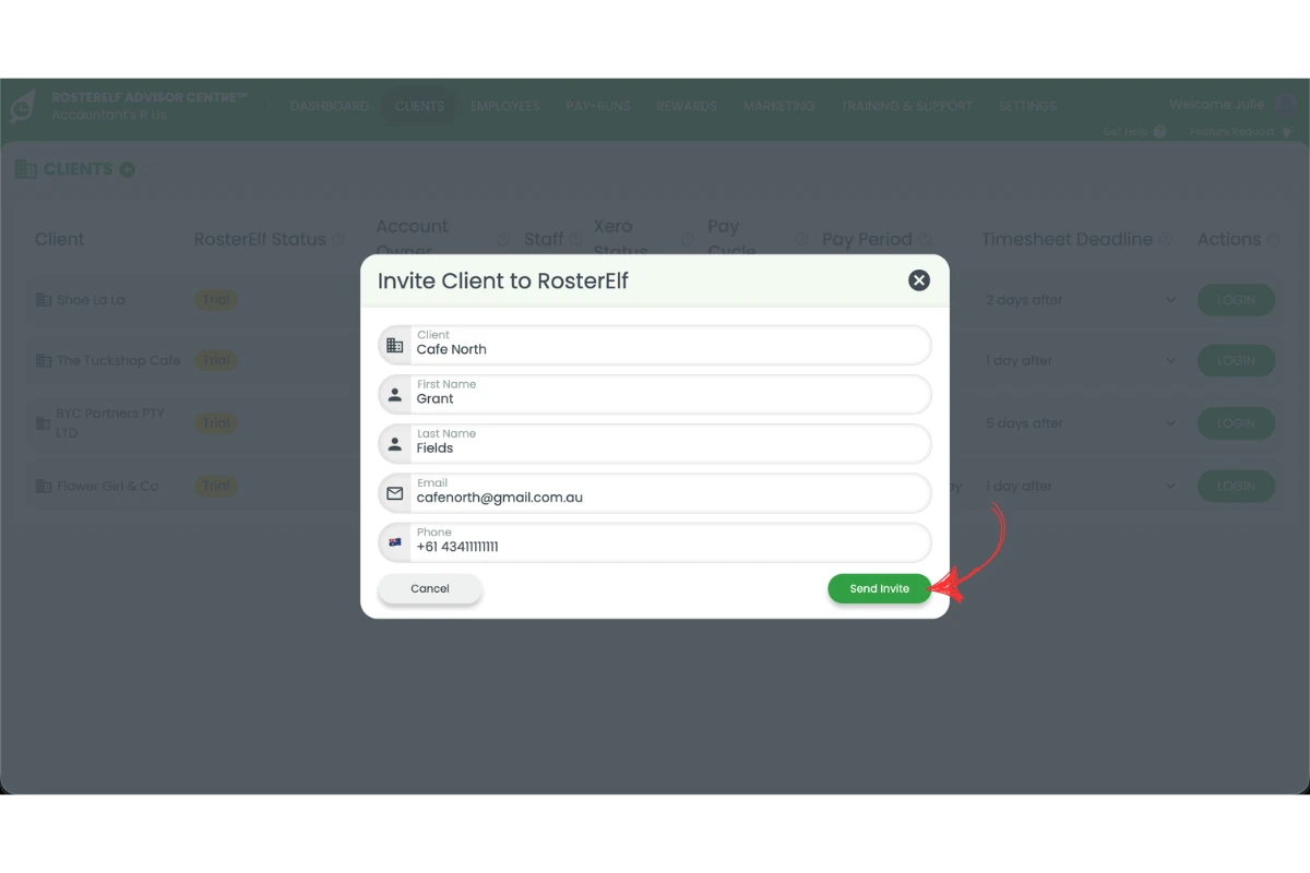 Screenshot of the completed Invite Client to RosterElf form with a red arrow pointing to the Send Invite button