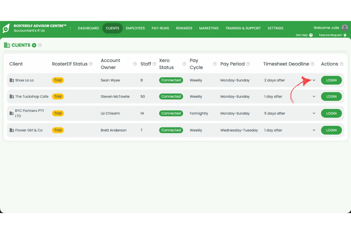 Screenshot of the Clients tab with a red arrow pointing to the timesheet deadline dropdown arrow