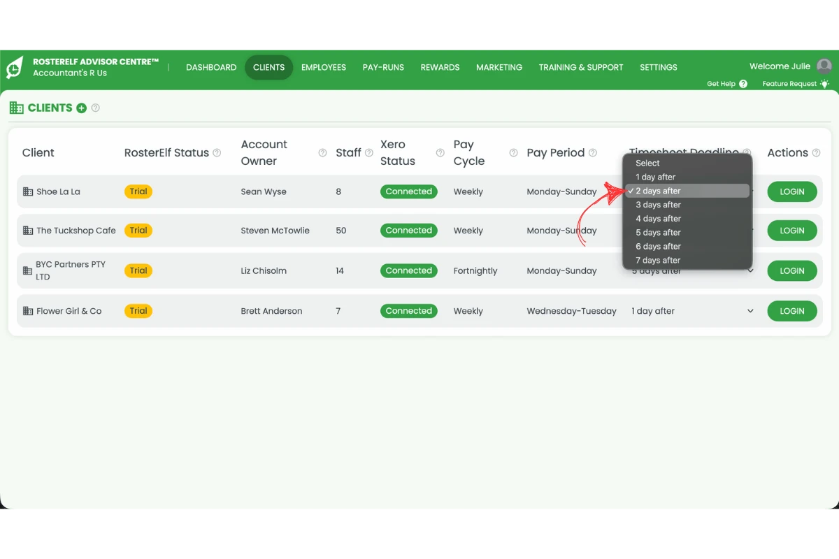 Screenshot of the Clients tab timesheet deadline dropdown open, showing the days after options an accountant can select