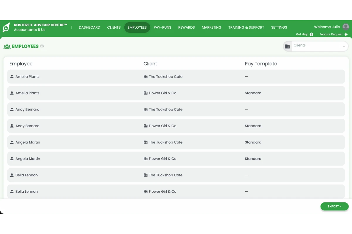 Screenshot of the RosterElf Advisor Centre Employees tab listing staff members, their client and pay template
