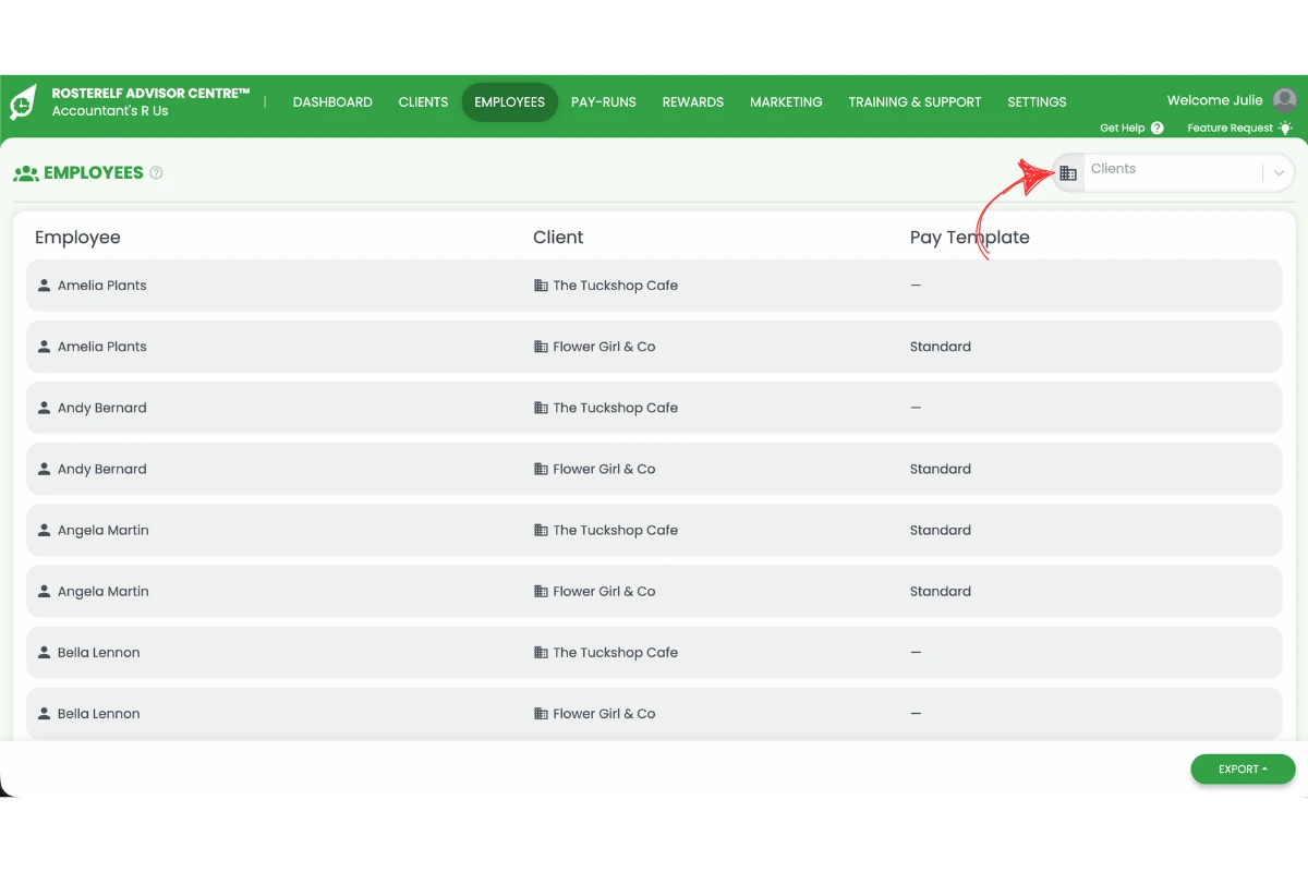 Screenshot of the Employees tab with a red arrow pointing to the client selector dropdown