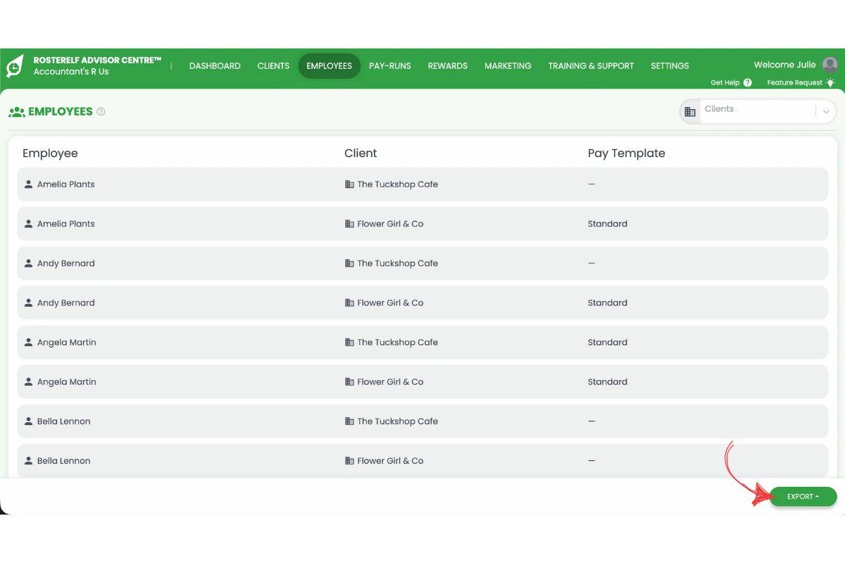 Screenshot of the Employees tab with a red arrow pointing to the Export button