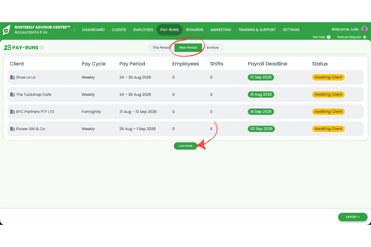 Screenshot of the Pay-runs tab with the Next Period toggle circled and a red arrow pointing to the Load More button