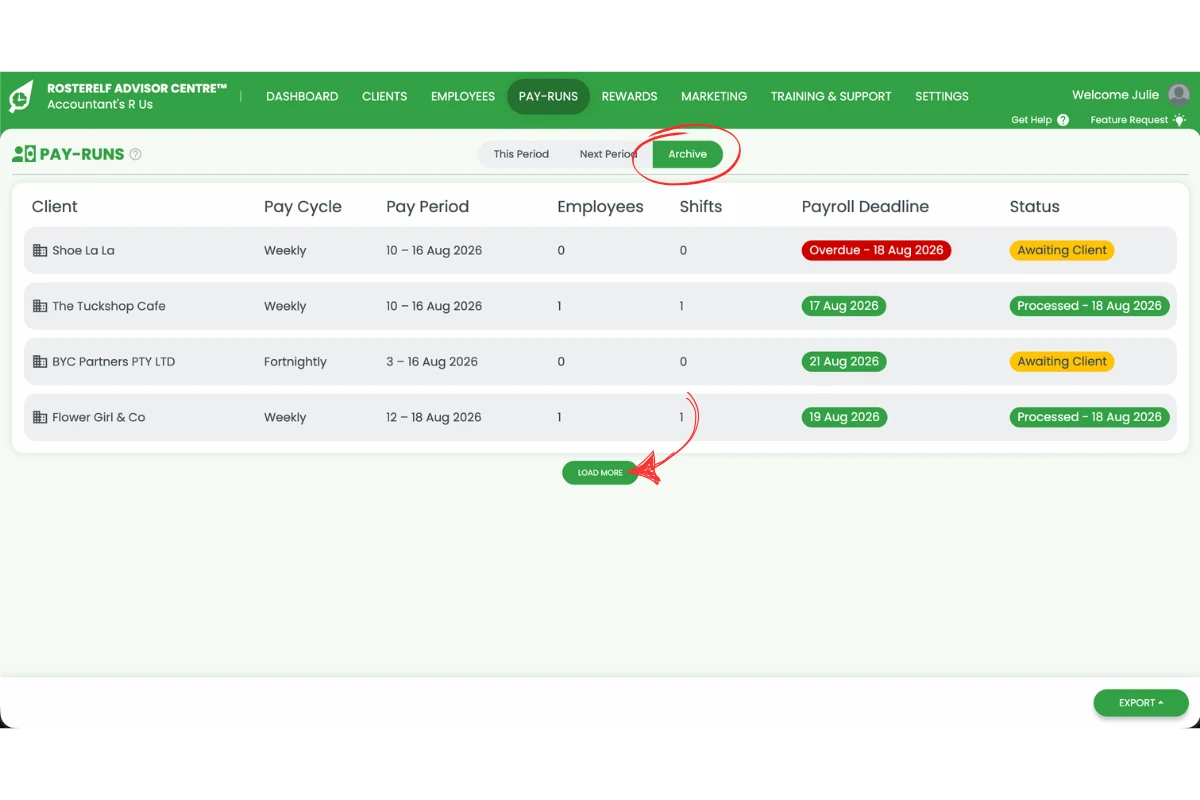 Screenshot of the Pay-runs tab with the Archive toggle circled and a red arrow pointing to the Load More button