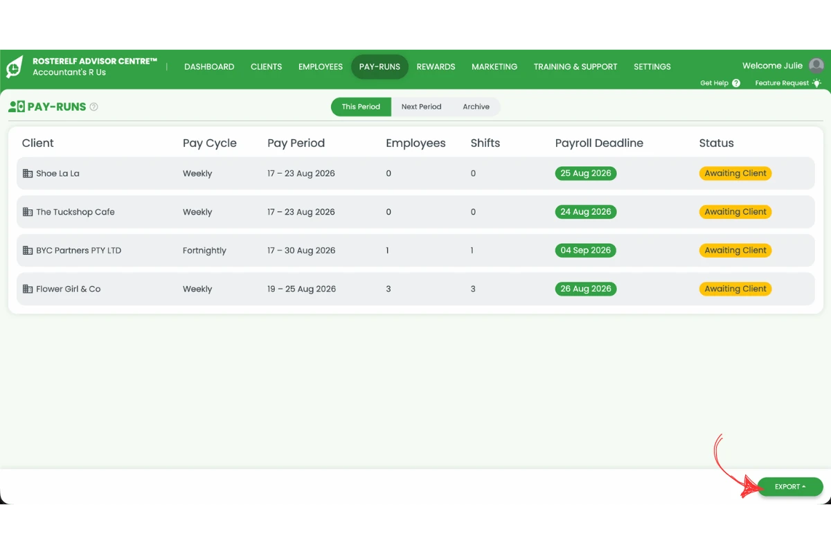 Screenshot of the Pay-runs tab with a red arrow pointing to the Export button