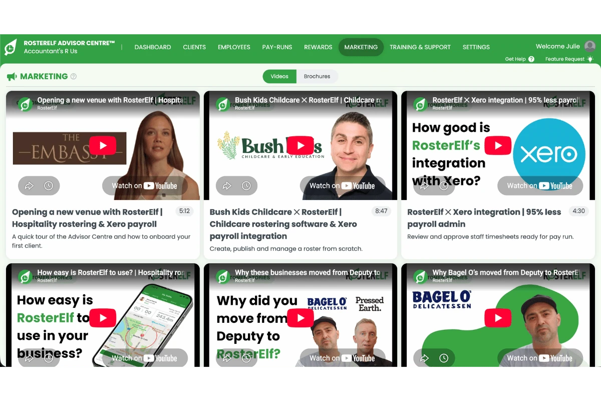 Screenshot of the RosterElf Advisor Centre Marketing tab showing a library of client-facing videos