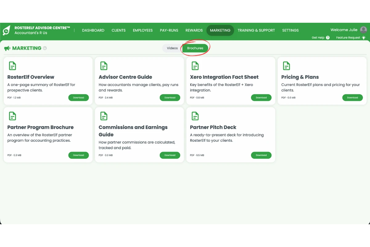 Screenshot of the Marketing tab with the Brochures toggle circled, showing downloadable brochure resources