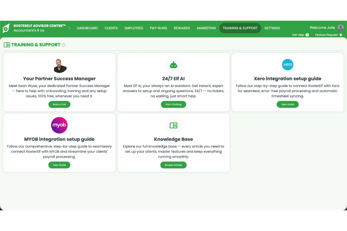 Screenshot of the RosterElf Advisor Centre Training and support tab showing the partner success manager, Elf AI assistant and integration guides