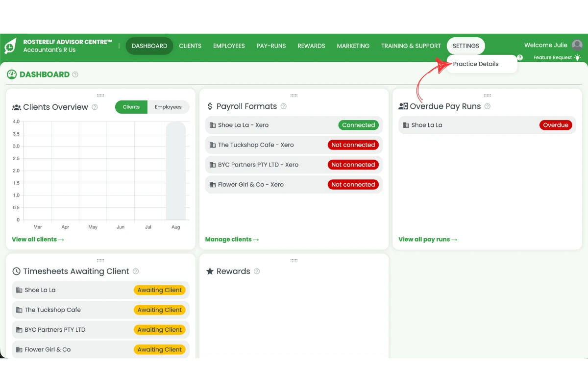 Screenshot of the RosterElf Advisor Centre with a red arrow pointing to the Practice Details option under the Settings menu