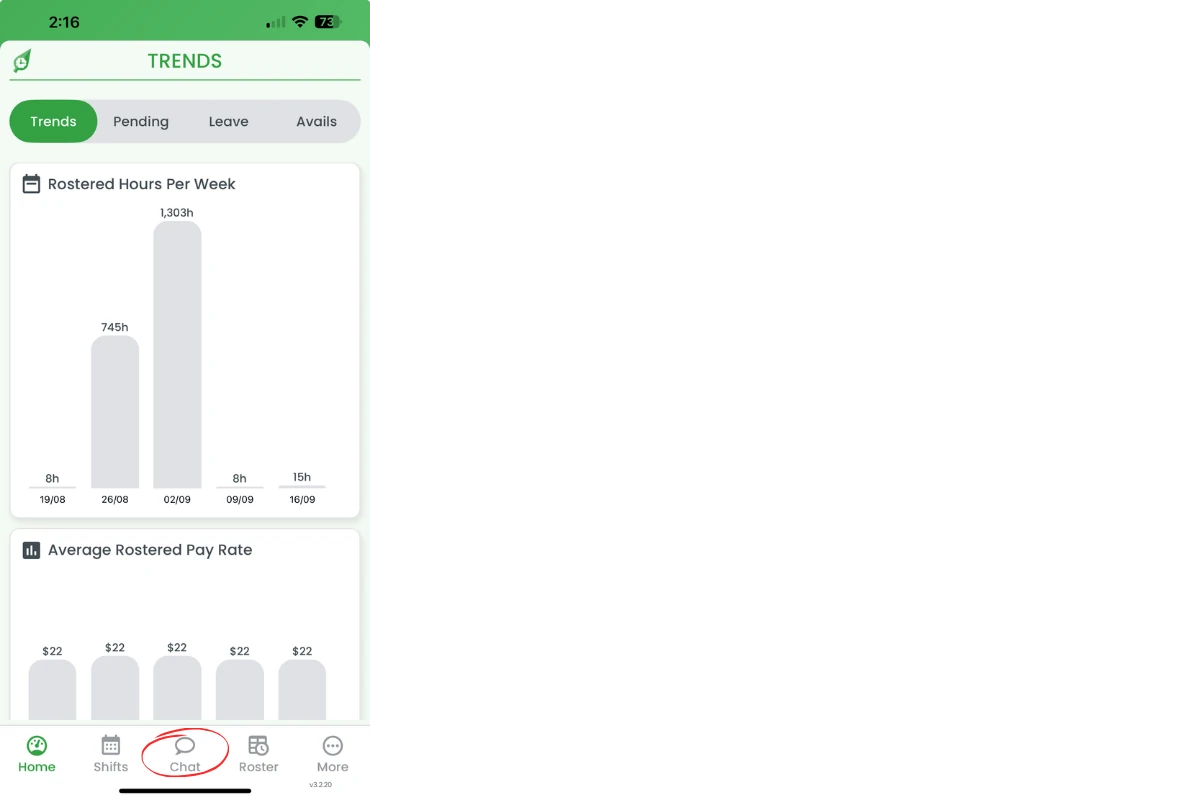 RosterElf home screen with Chat option highlighted