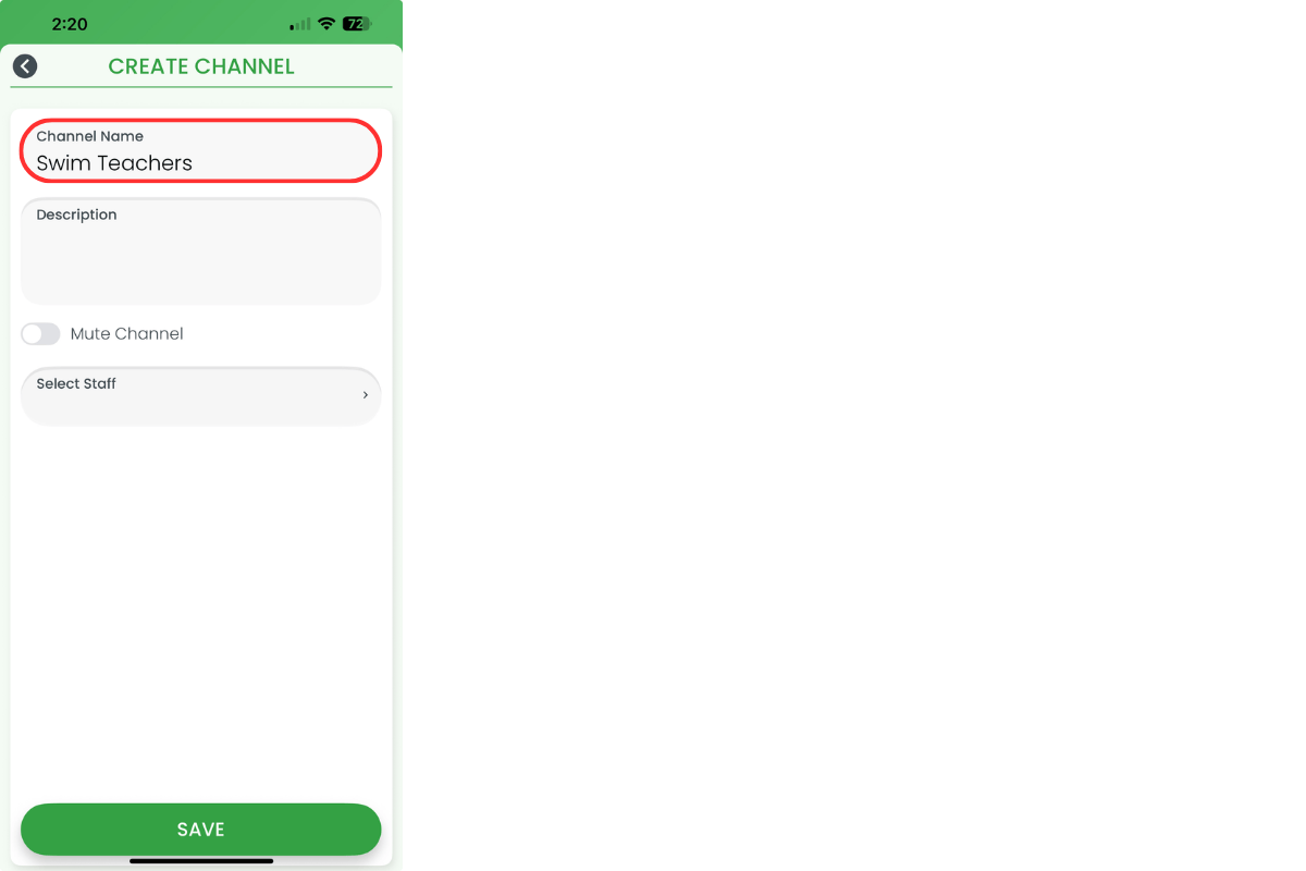 Create Channel screen with Name field