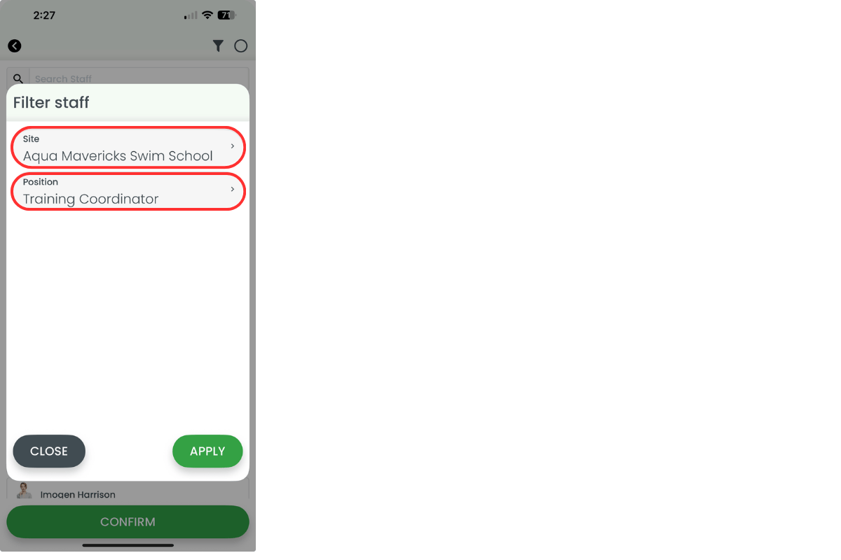 Filter modal showing site and position options