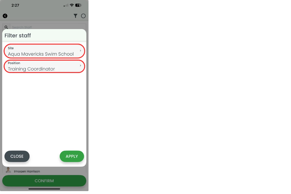 Filter modal showing site and position options