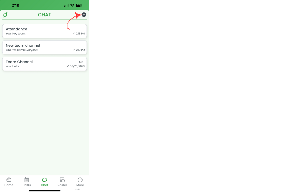 Chat screen showing plus icon to create new channel