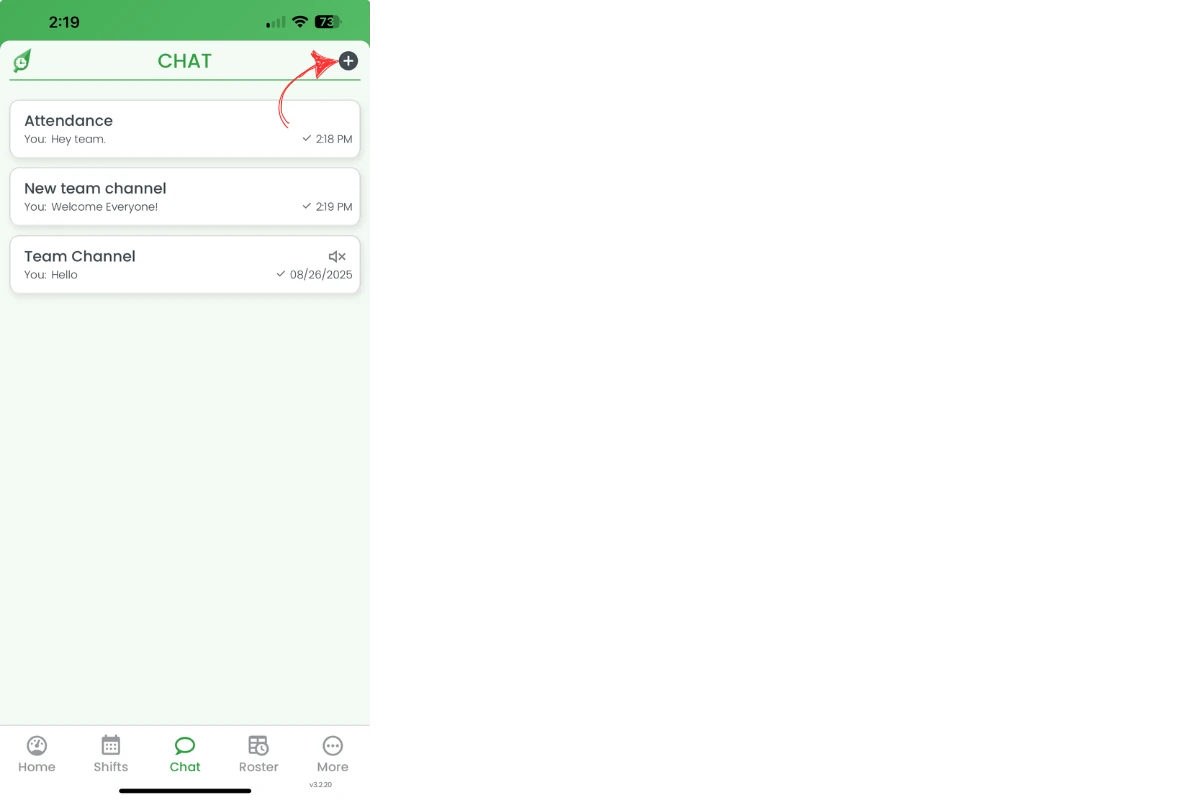 Chat screen showing plus icon to create new channel