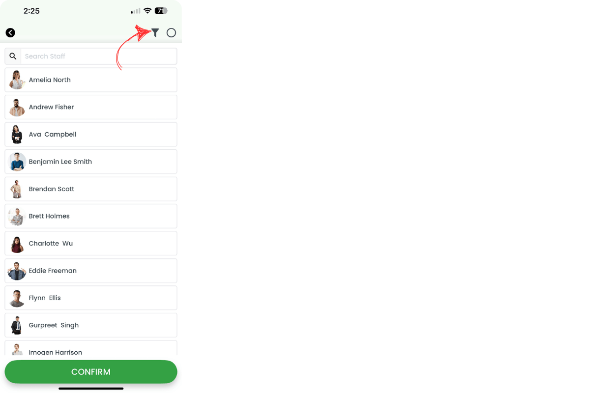 Filter icon in staff selection screen