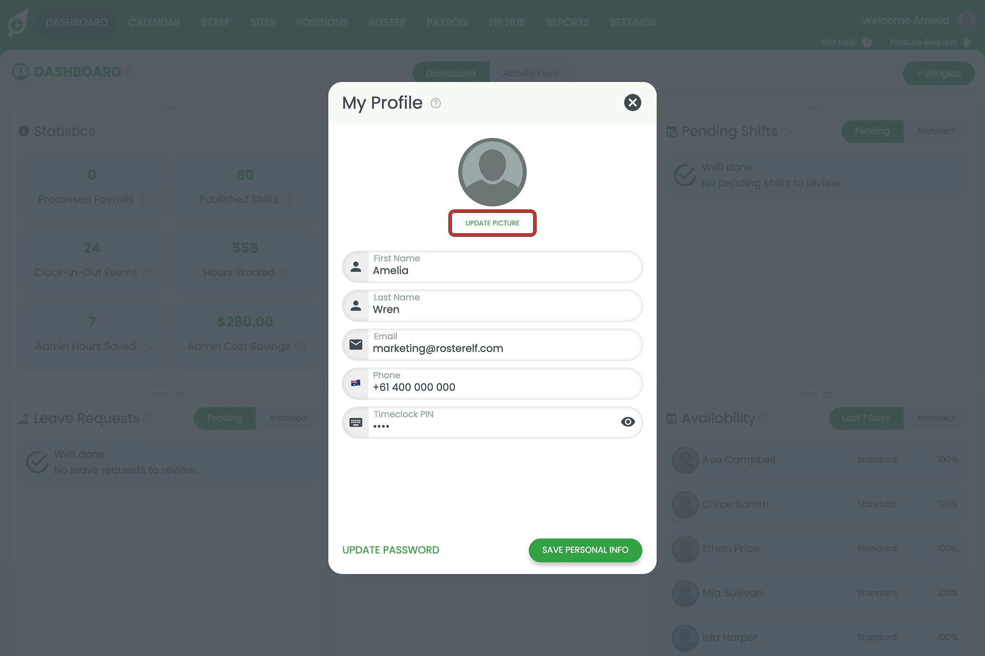 The My Profile window with UPDATE PICTURE ringed under the profile picture