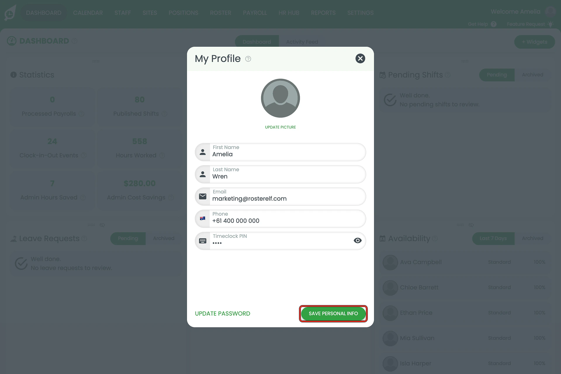The My Profile window with the SAVE PERSONAL INFO button ringed