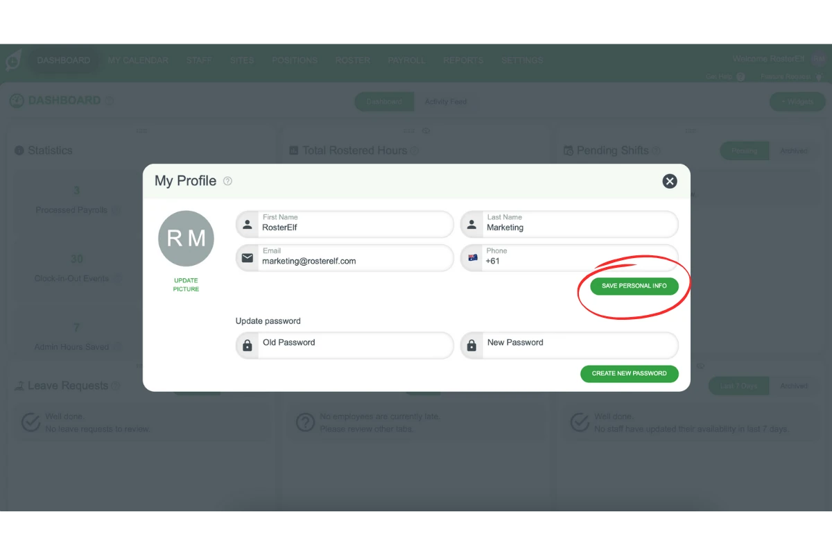 Screenshot displaying the Save my personal info button