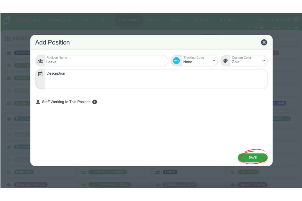 Screenshot of the Save button after entering the leave position details