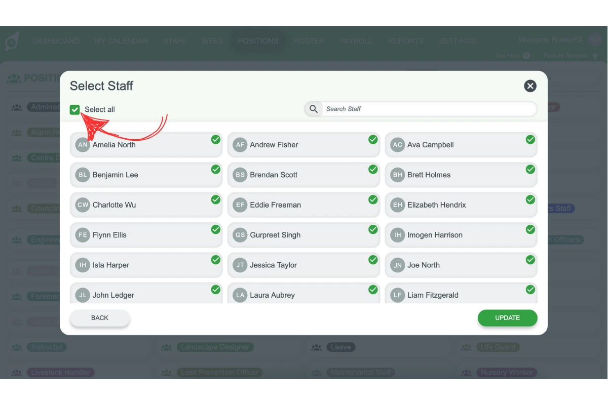 Screenshot listing staff members available to be assigned to the leave position