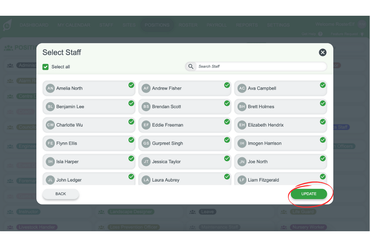 Screenshot highlighting the Update button to finalize staff assignment
