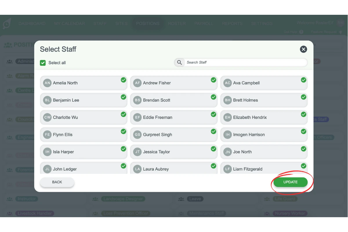Screenshot highlighting the Update button to finalize staff assignment