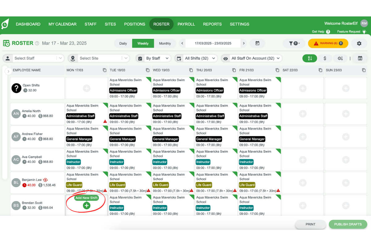 Screenshot showing the plus (+) button for adding a shift