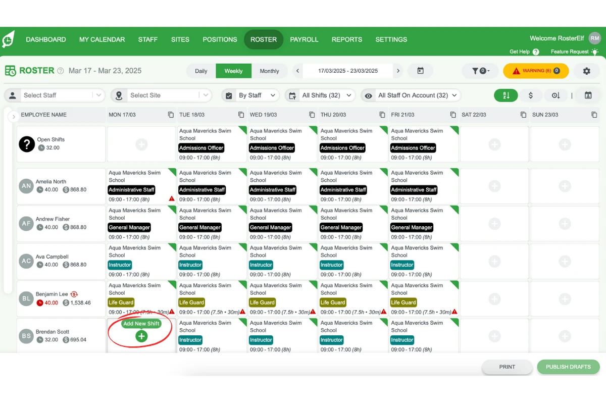 Screenshot showing the plus (+) button for adding a shift