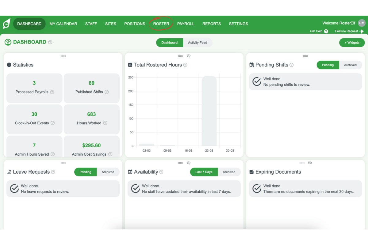 Screenshot showing the Roster tab in RosterElf