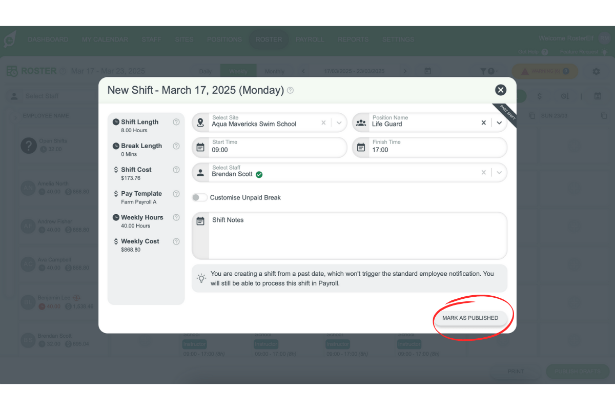 Screenshot indicating the Mark as Published option