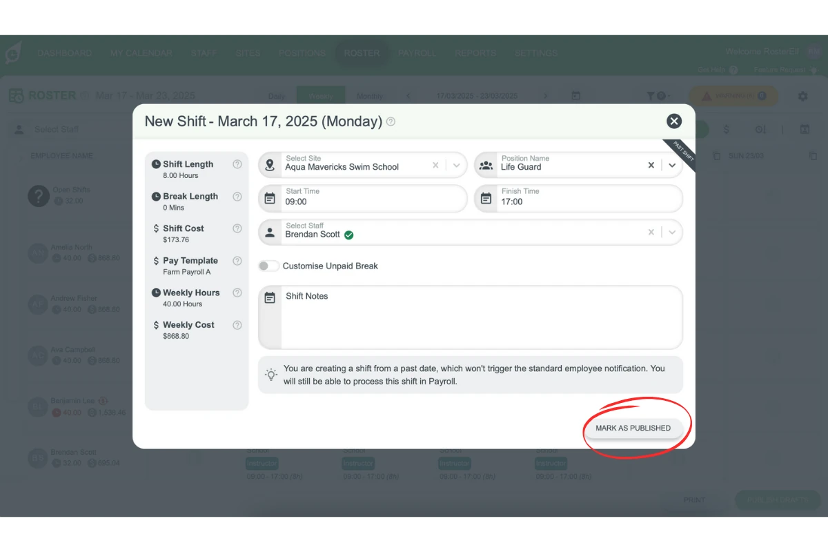 Screenshot indicating the Mark as Published option