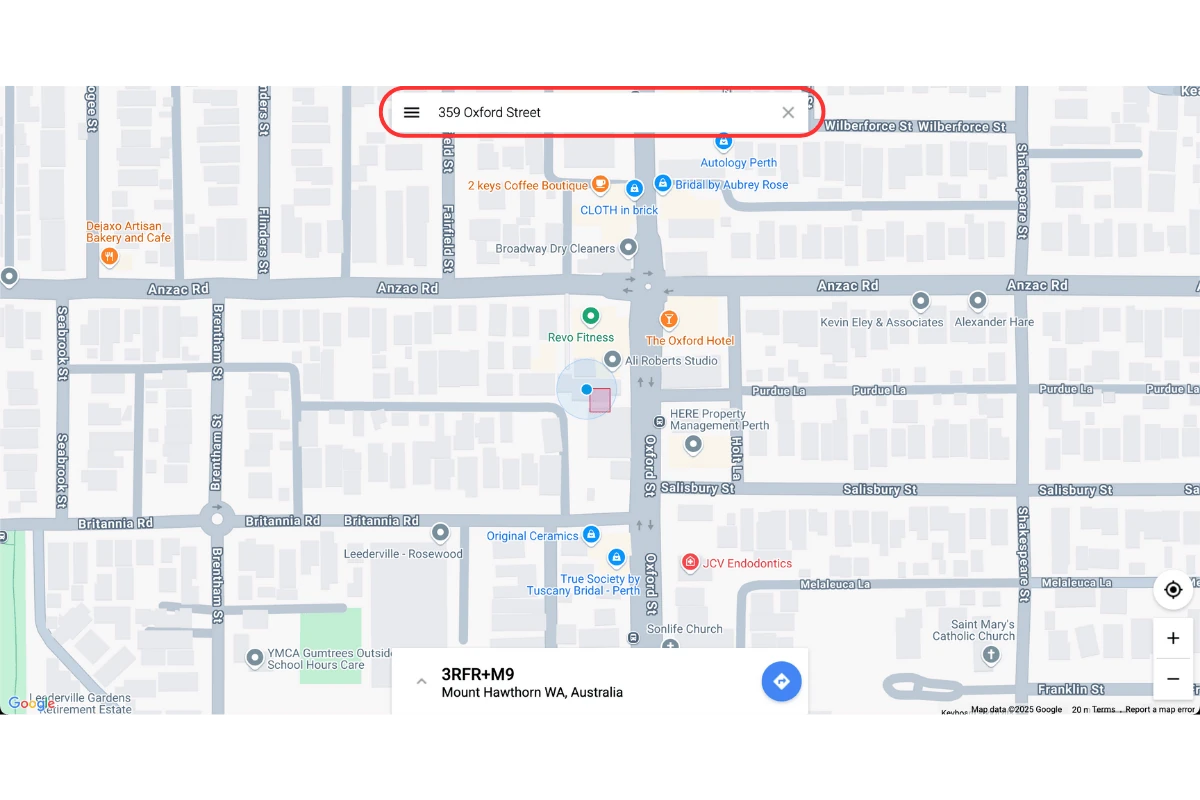 Google Maps search bar for entering your address to find a Plus Code