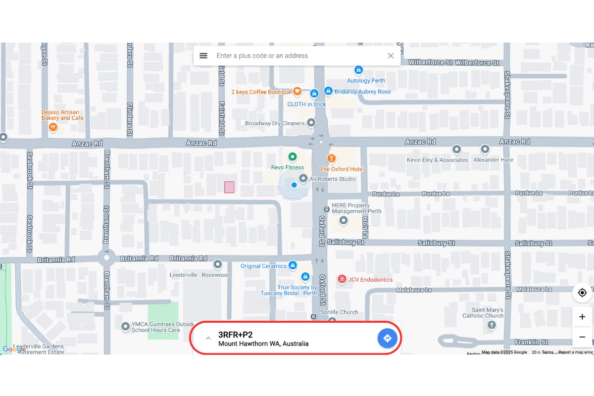 Google Maps showing the location's Plus Code ready to copy