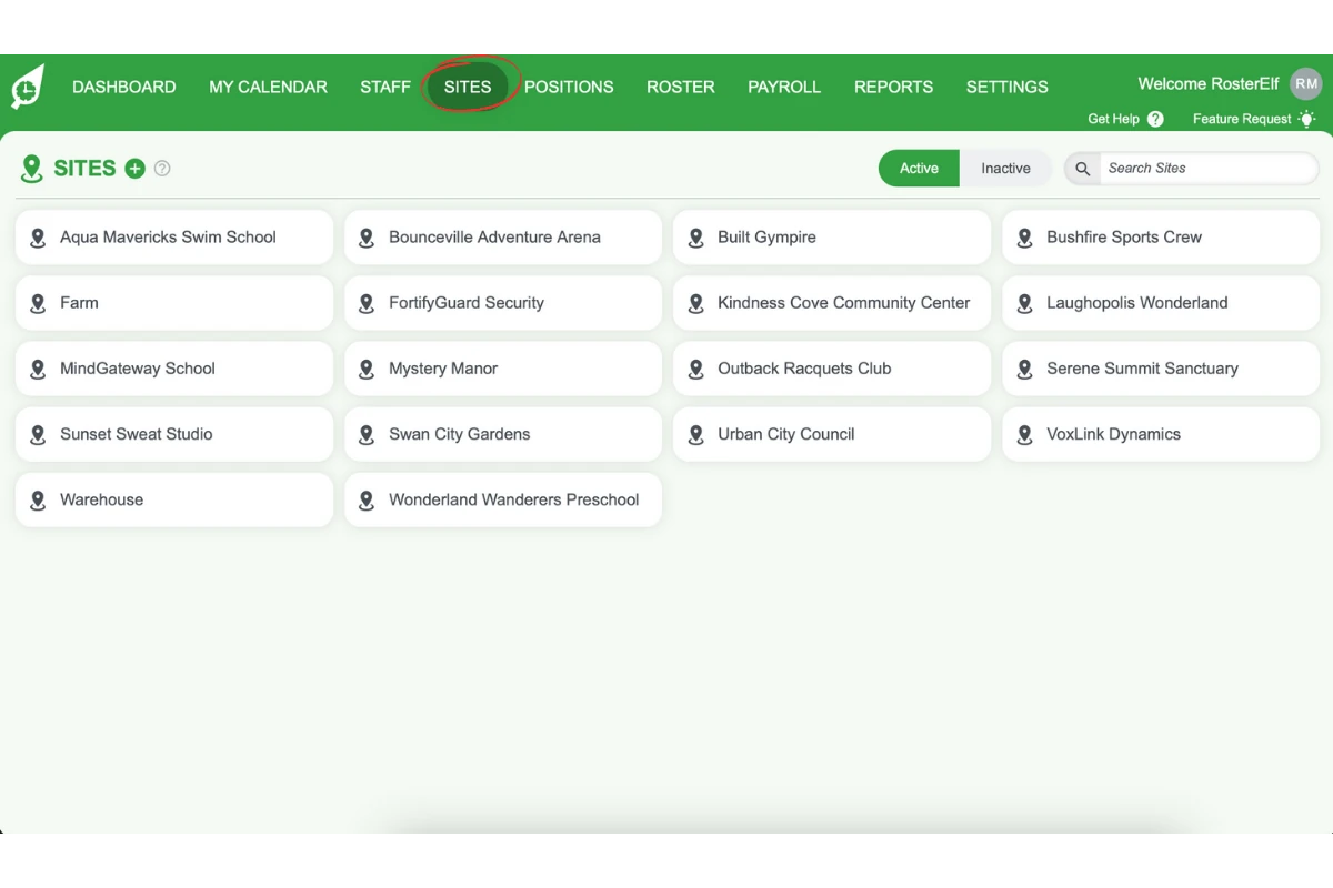 Sites tab in the RosterElf navigation