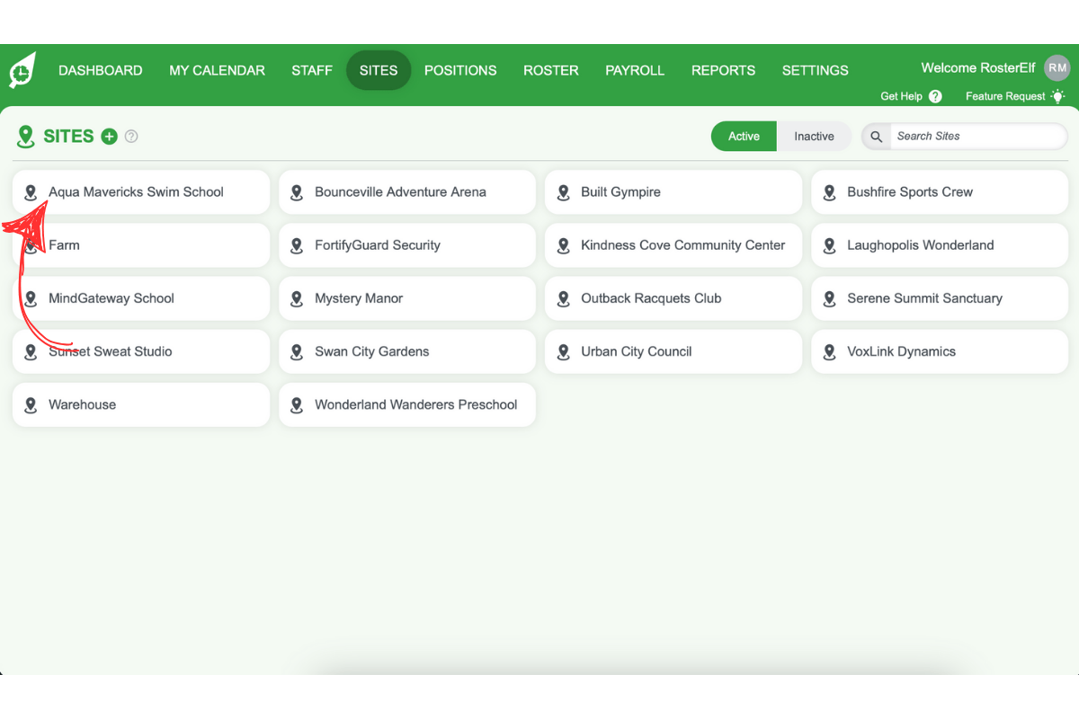 Screenshot showing the your site from the list in RosterElf
