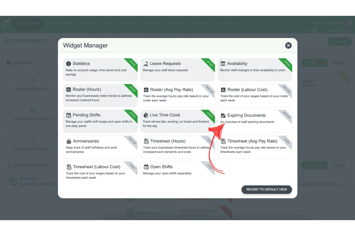 Screenshot showing the 'Expired Documents' widget in the widget selection menu