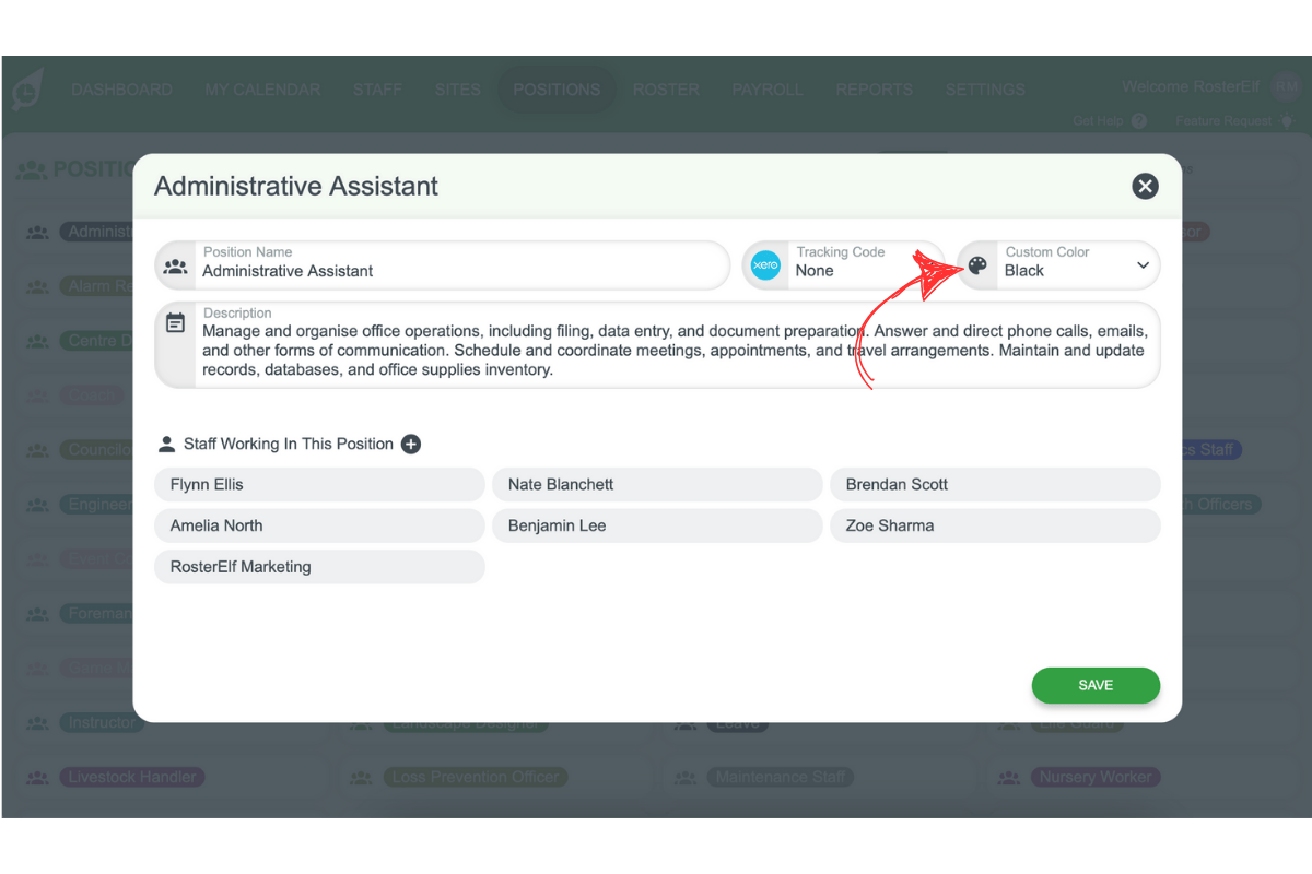Screenshot of the colour selection dropdown for a new position
