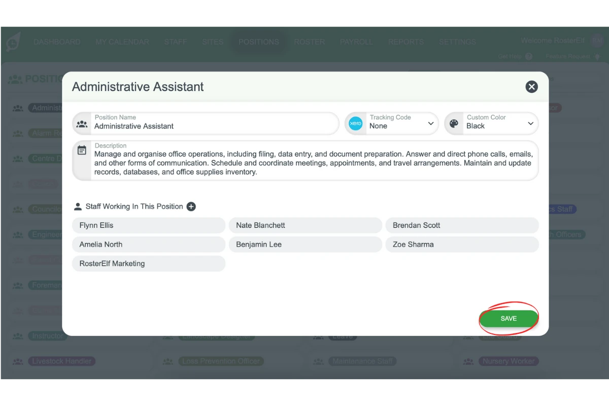 Screenshot indicating the Save button for finalizing the new position