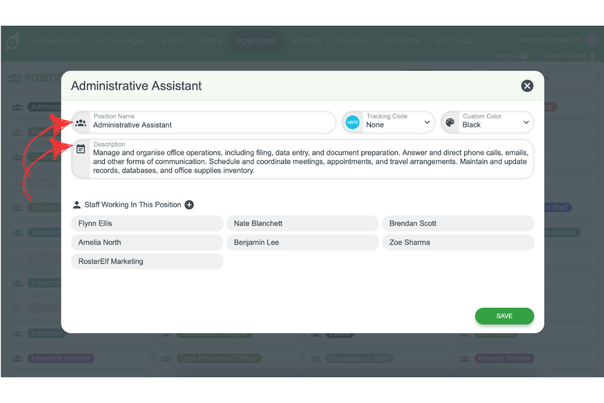 Screenshot demonstrating where to enter the position name and description