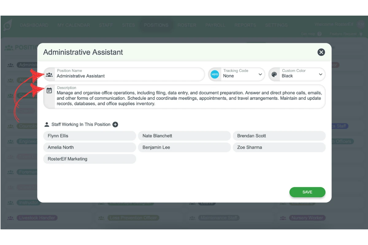 Screenshot demonstrating where to enter the position name and description