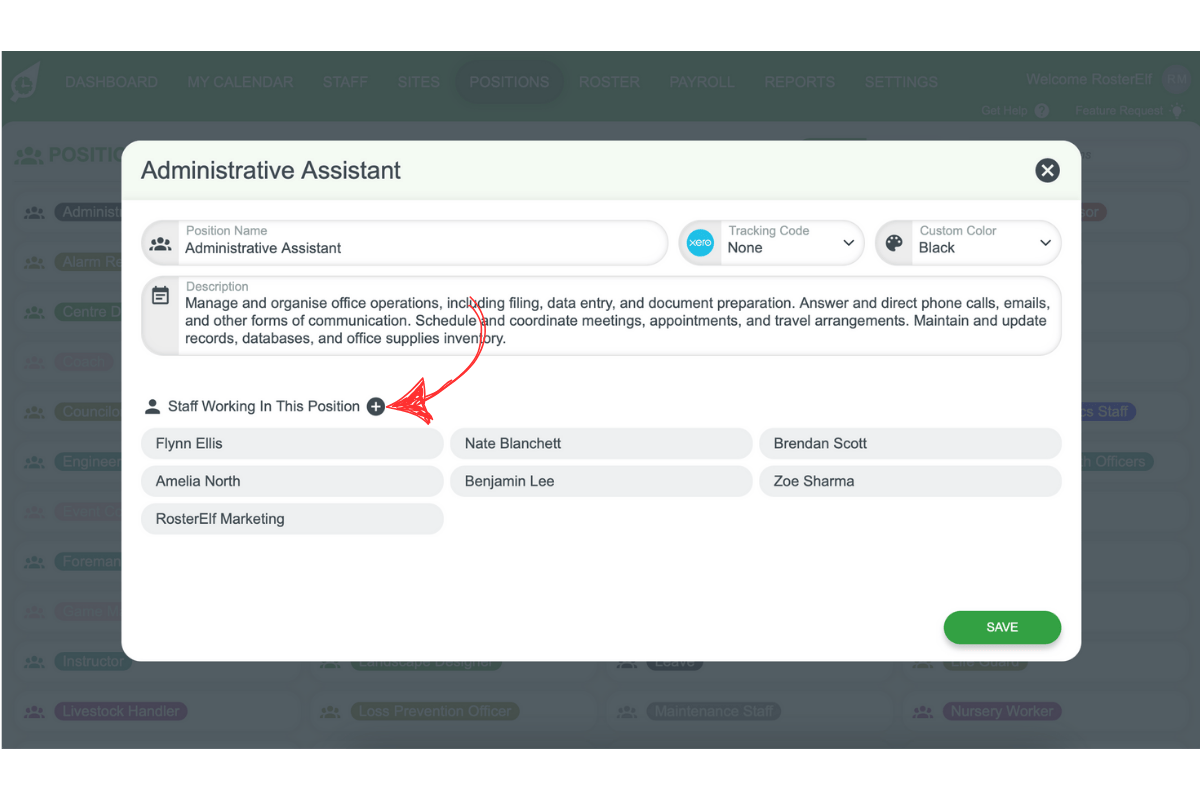 Screenshot highlighting the Staff Working in this Position (+) option