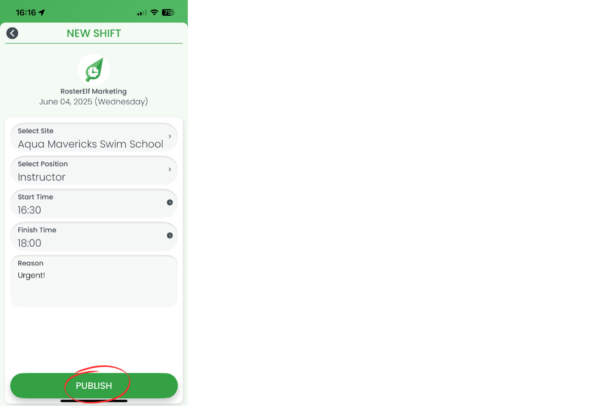 Unscheduled shift form with site, position and time fields completed