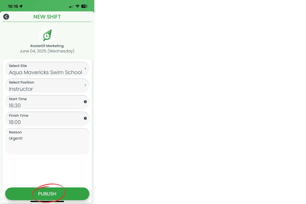 Unscheduled shift form with site, position and time fields completed