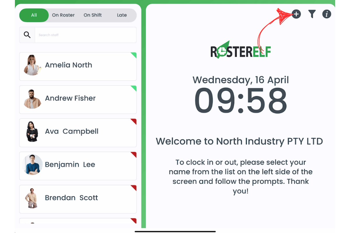 Screenshot of the RosterElf Time Clock main screen with the plus (+) button highlighted at the top right corner.