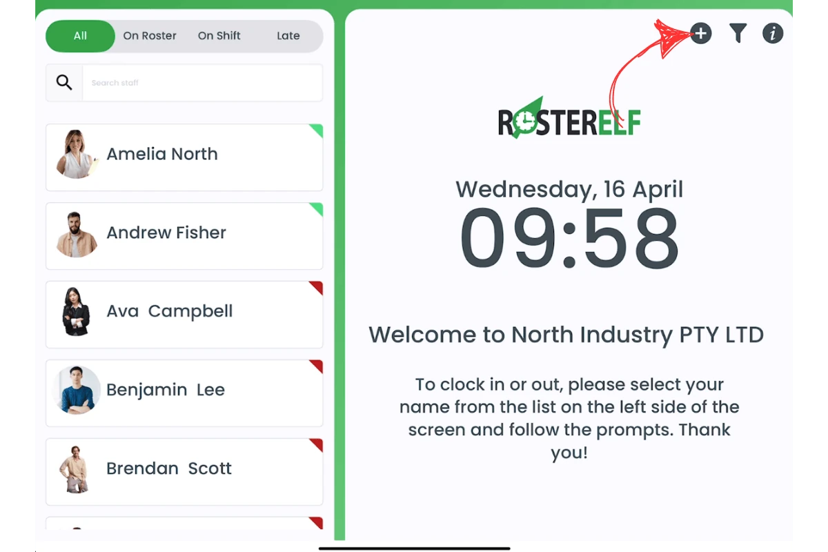 Screenshot of the RosterElf Time Clock main screen with the plus (+) button highlighted at the top right corner.