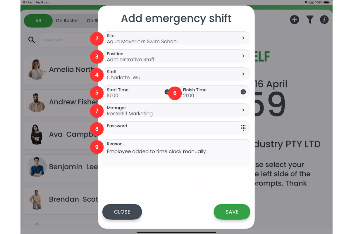 Screenshot demonstrating how to select site, position, staff, start time, finish time, manager, password, and notes in the RosterElf Time Clock app.