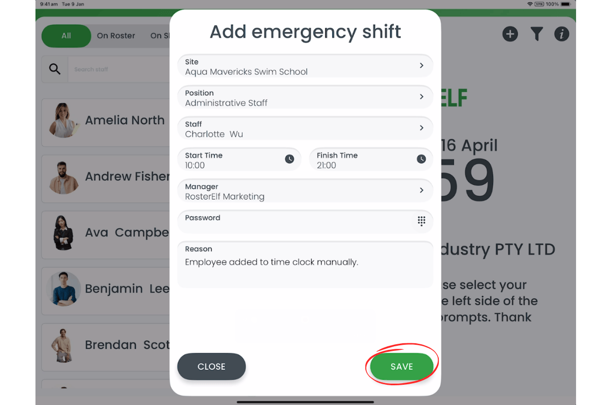 Screenshot highlighting the Save button in RosterElf Time Clock to finalize the unscheduled shift.